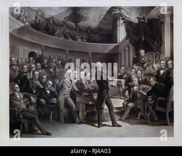 Print shows Senator Henry Clay speaking about the Compromise of 1850 in the Old Senate Chamber. Daniel Webster is seated to the left of Clay and John C. Calhoun to the left of the Speaker's chair. Stock Photo