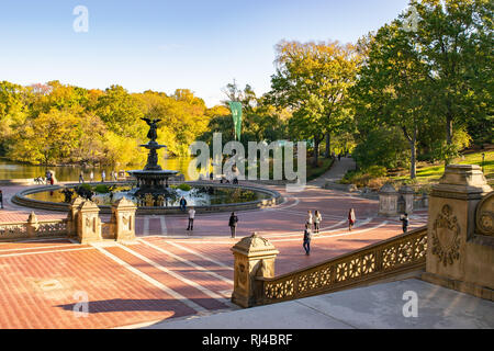 New York - October 17 2016: The sandstone terrace inside Central Park New York, with the famous Angel of the Waters fountain aka Bethesda Fountain Stock Photo