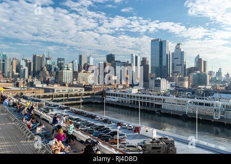 New York City skyline from onboard a cruise ship docked in the Manhattan Cruise Terminal in Hell's Kitchen, Manhattan. Stock Photo