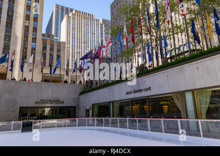 New York - October 17 2016: Outside the Rock Center Cafe at The Concourse, Rockefeller Center Skating Rink, in Manhattan, New York City Stock Photo