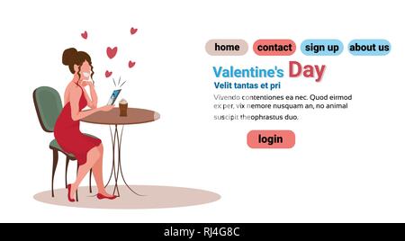 elegant woman sitting at table in cafe happy valentines day concept girl using smartphone video conversation with man lovers couple chatting online Stock Vector