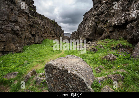 Thingvellir National Park, Iceland, fault in the landscape caused by continental drift between North American and Eurasian tectonic plates,  Golden Ci Stock Photo