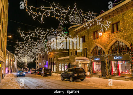 2018 New Year decoration, Badrutt's Palace Hotel at night, Switzerland Stock Photo