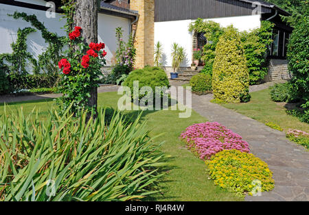 Vorgarten eines Landhauses, verschiedene Ziergeh?lze, Kletterrosen, Efeu, Kletterhortensie, Sedum und Topfpflanzen, Stock Photo