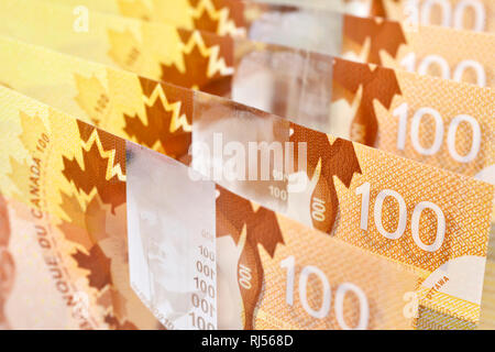 Canadian $100 dollar banknotes. The notes are dominantly brown in colour Stock Photo