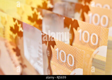 Canadian $100 dollar banknotes. The notes are dominantly brown in colour Stock Photo