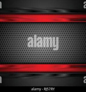 Glossy black and red stripes on dark metallic perforated background. Vector design Stock Vector