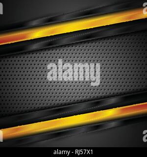 Glossy black and orange stripes on dark metallic perforated background. Vector design Stock Vector