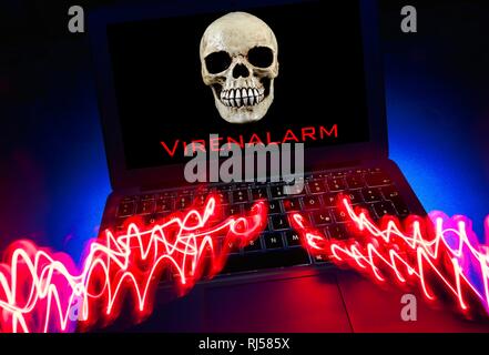 Laptop with skull and crossbones on screen, symbol image malware, virus alarm, computer crime, data protection, Germany Stock Photo