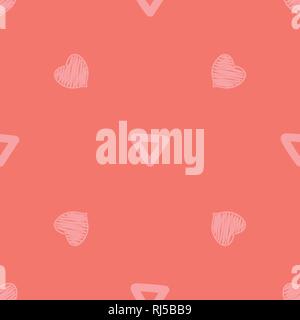 Colorful seamless vector illustration with hearts and triangles on living coral trend color. Stock Vector