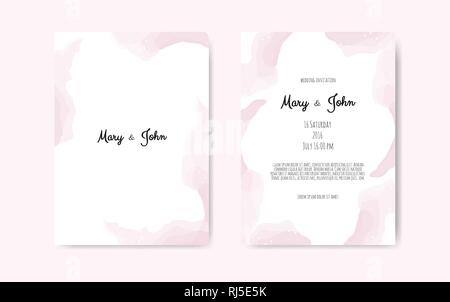 Wedding invite with abstract watercolor style decoration in light tender dusty pink color on white background. Stock Vector