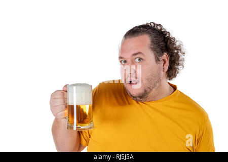 Funny fat man feeling happy and relaxed, holding fresh cold beer in his hands Stock Photo