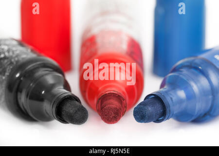 Marker Pen (red and black and blue) isolated on background white. Stock Photo
