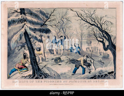 Print shows a Native man, hiding on the left, watching the Pilgrims around a campfire with small cauldron; a man with hatchet is gathering firewood and more Pilgrims are coming ashore from the Mayflower, in a winter scene with snow-covered landscape. Stock Photo