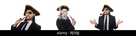 Pirate businessman with smoking pipe isolated on white Stock Photo