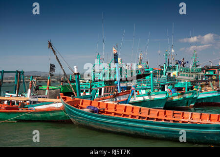Cambodia, Preah Koh Kong, colourful fishing boats moored on Prek Kaoh Pao river at high tide Stock Photo