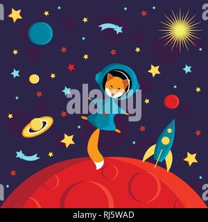 Fox in a spacesuit on a red planet. Moon, Sun, Saturn, Earth, other planets, rocket Stars comets space Cartoon style Stock Vector