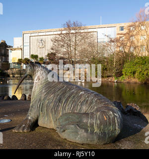 Walrus statue in Mowbray Park in Sunderland, England. It stands close to Sunderland Museum and Winter Gardens. Stock Photo