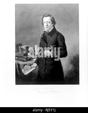 Henry Ward Beecher, three-quarter length portrait, standing next to table, facing front, holding paper in right hand ca. 1853 Stock Photo