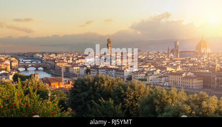 Florence cityscape. Skyline of Florence, Italy with Florence Duomo, Basilica di Santa Maria del Fiore and the bridges over the river Arno. Firenze lan