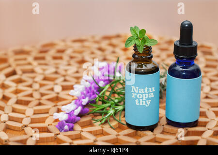 Naturopathic medicine concoctions in glass bottles with natural plants and herbs. Stock Photo