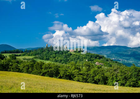 Typical hilly Tuscan countryside with fields and trees, Castello di Romena located on top of a hill Stock Photo