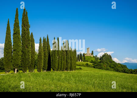 Typical hilly Tuscan countryside with fields and cypresses, Castello di Romena located on top of a hill Stock Photo