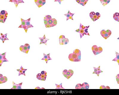 Seamless pattern made from abstract stars and hearts. Stars and hearts from different spring flowers. Isolated elements on a white background. Vector  Stock Vector