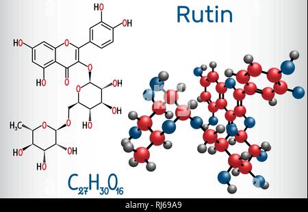 Rutin molecule (vitamin P). Structural chemical formula and molecule model. Vector illustration Stock Vector