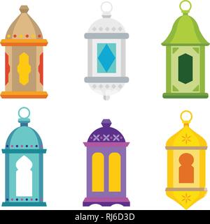 Set of arabic lanterns. Colorful decorative Ramadan lamps icons. Isolated stock vector objects. Flat design. Stock Vector