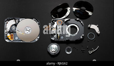 Computer hard disc before and after it is rendered safe from data theft. Stock Photo