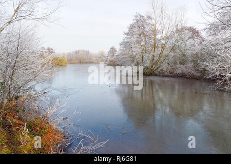 On a cold, misty morning, looking down the length of a shallow, frozen lake fringed with frost covered trees Stock Photo