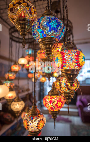 Amazing traditional handmade turkish lamps in souvenir shop. Mosaic of colored glass. for sale on Grand Bazaar (kapali carsi) at Istanbul, Turkey Stock Photo
