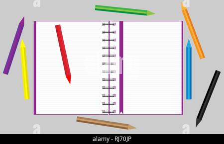 Open notebook with scattered colored pencils. Vector illustration. Stock Vector
