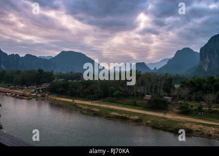 The Nam Song River in evening,Vang Vieng,Laos. Stock Photo