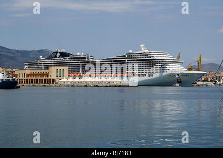 PALERMO, ITALY - JUNE 18, 2018: The cruise ship MSC Divina docked in Palermo harbour on a sunny summer afternoon.  The Italian ship is name in honour  Stock Photo