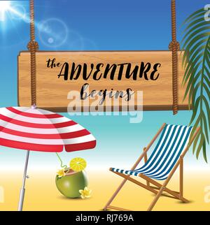 The adventure begins typography inscription with parasol, chaise launge and coconut coctail on beach background. Realistic sun flare. Stock Vector