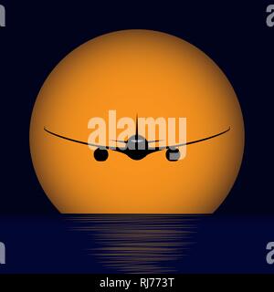 plane over the sea against the orange setting sun Stock Vector