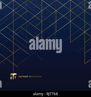 Abstract dimension lines gold color on dark blue background. Modern luxury style square mesh. Digital geometric abstraction with line. Vector illustra Stock Vector