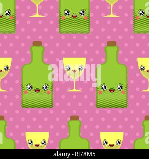Alcohol and glass kawaii pattern seamless Cute cartoon. Funny Bottle background. Sweet Drink vector texture Stock Vector