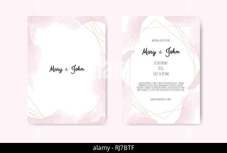 Wedding invite with abstract watercolor style decoration in light tender dusty pink color on white background. Stock Vector