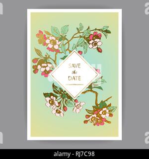 Botanical wedding invitation card template design, hand drawn sakura flowers and leaves, pastel color vintage rural with rhombus frame on green gold b Stock Vector