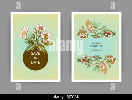 Botanical wedding invitation card template design, hand drawn sakura flowers and leaves on branches, pastel color vintage rural with circle gold frame Stock Vector