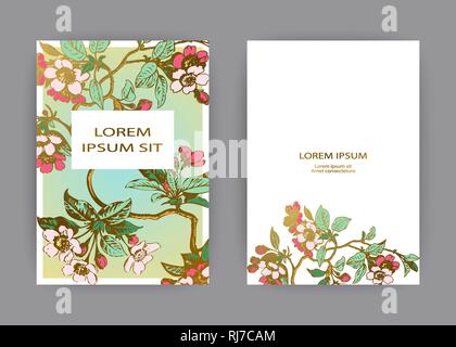 Botanical wedding invitation card template design, hand drawn sakura flowers and leaves on branche, pastel color vintage rural with square frame on gr Stock Vector