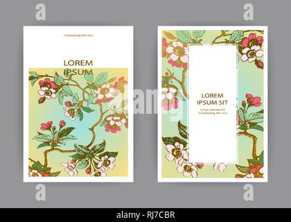 Botanical wedding invitation card template design, hand drawn sakura flowers and leaves on branche, pastel color vintage rural with square frame on gr Stock Vector