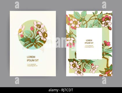 Botanical wedding invitation card template design, hand drawn sakura flowers and leaves branch, pastel color vintage rural with circle and rectangle f Stock Vector