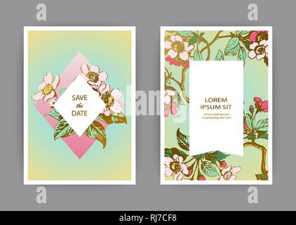 Botanical wedding invitation card template design, hand drawn sakura flowers and leaves branches, pastel color vintage rural with square rhombus frame Stock Vector