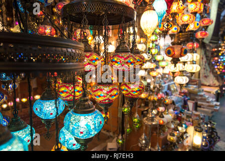 Amazing traditional handmade turkish lamps in souvenir shop. Mosaic of colored glass. for sale on Grand Bazaar (kapali carsi) at Istanbul, Turkey Stock Photo