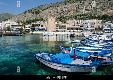 Italy, Sicily, Mondello. Wooden fishing boats in harbor