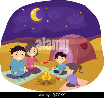 Illustration of Stickman Family Camping In the Desert, Sitting Around a Bonfire Stock Photo